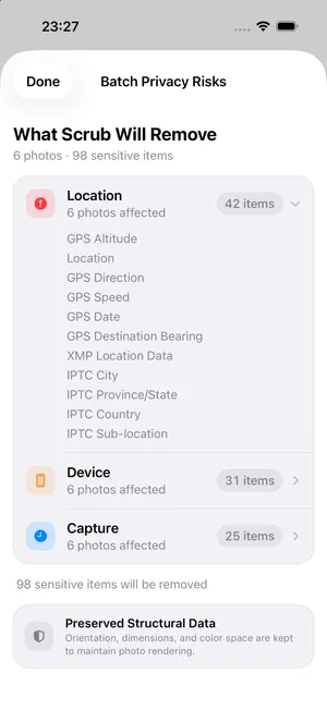 Batch privacy report listing 98 sensitive items across location, device and capture, with a note on the structural data Scrub preserves