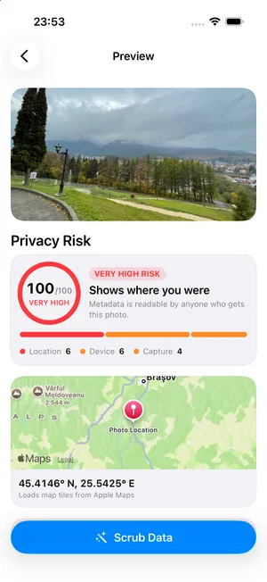 Scrub Data inspecting a photo: privacy risk score, metadata summary and the location the photo was taken