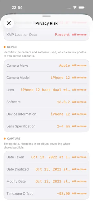 The privacy risk sheet, listing GPS, camera and capture fields with their values